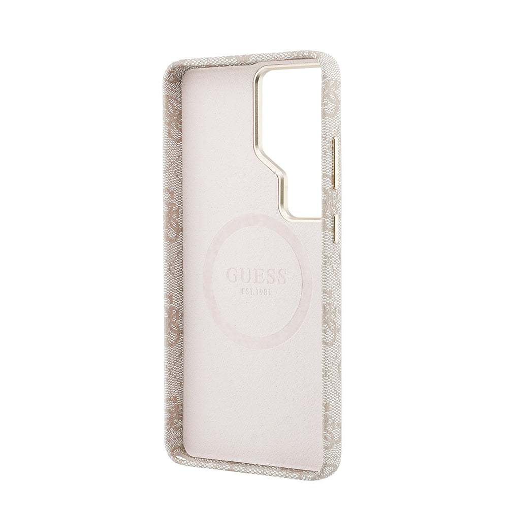 Galaxy S26 Ultra Kılıf Guess Orjinal Lisanslı M-safe Şarj Özellikli Gold Metal Kamera Çerçeveli Taşlı 4G Logolu Kapak