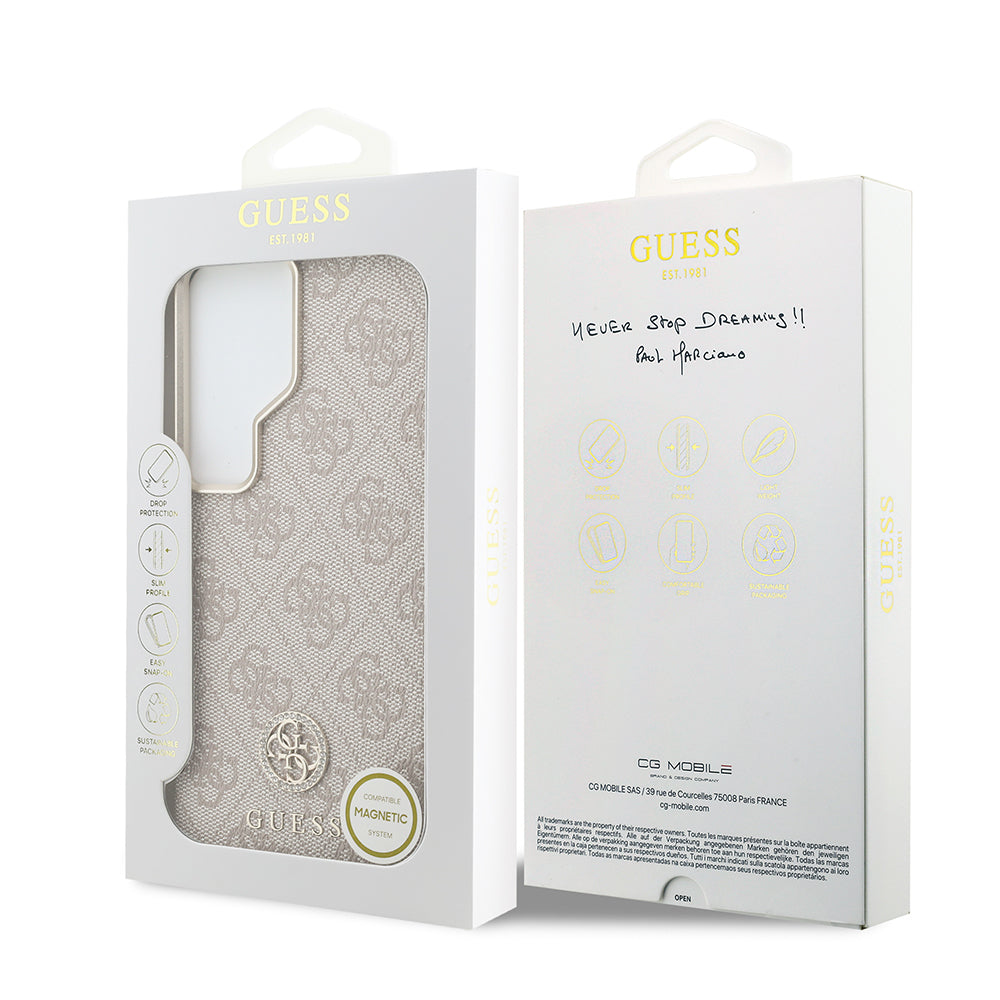 Galaxy S26 Ultra Kılıf Guess Orjinal Lisanslı M-safe Şarj Özellikli Gold Metal Kamera Çerçeveli Taşlı 4G Logolu Kapak