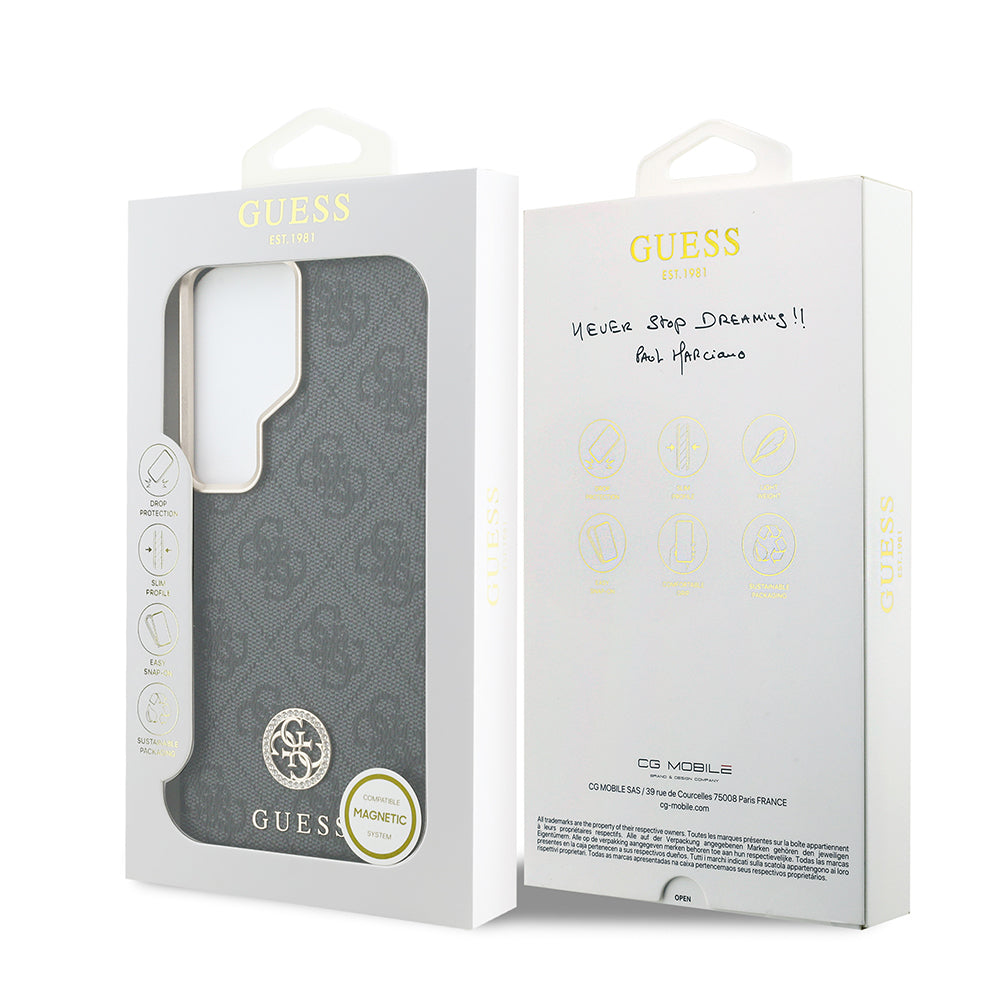 Galaxy S26 Ultra Kılıf Guess Orjinal Lisanslı M-safe Şarj Özellikli Gold Metal Kamera Çerçeveli Taşlı 4G Logolu Kapak