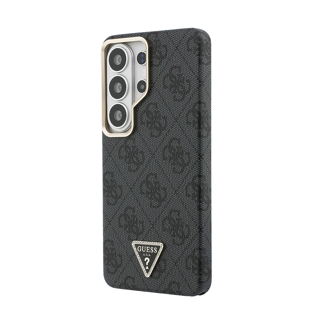 Galaxy S26 Ultra Kılıf Guess Orjinal Lisanslı M-safe Şarj Özellikli Gold Metal Kamera Çerçeveli Taşlı Üçgen Logo 4G Desenli Kapak