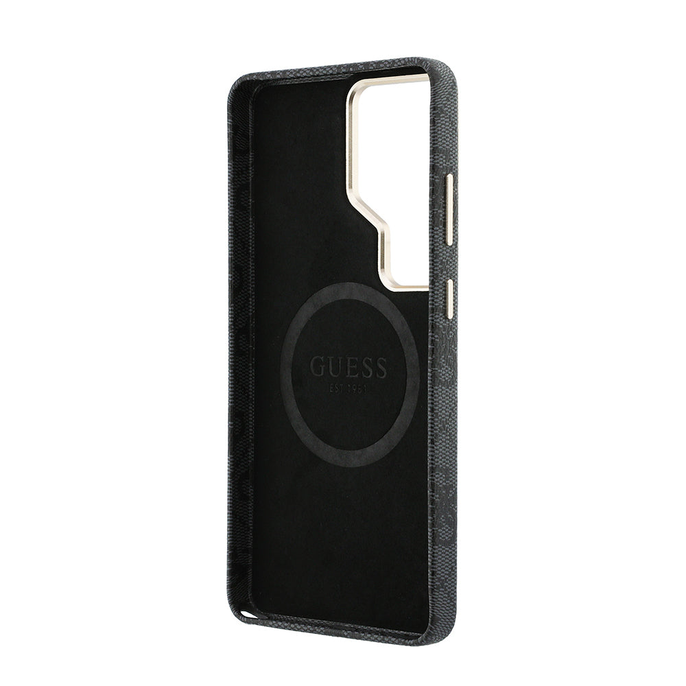 Galaxy S26 Ultra Kılıf Guess Orjinal Lisanslı M-safe Şarj Özellikli Gold Metal Kamera Çerçeveli Taşlı Üçgen Logo 4G Desenli Kapak