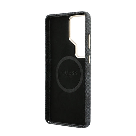 Galaxy S26 Ultra Kılıf Guess Orjinal Lisanslı M-safe Şarj Özellikli Gold Metal Kamera Çerçeveli Taşlı Üçgen Logo 4G Desenli Kapak