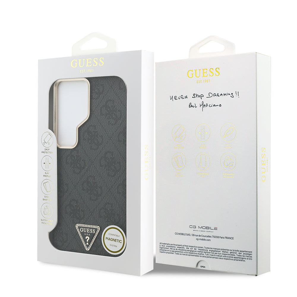 Galaxy S26 Ultra Kılıf Guess Orjinal Lisanslı M-safe Şarj Özellikli Gold Metal Kamera Çerçeveli Taşlı Üçgen Logo 4G Desenli Kapak