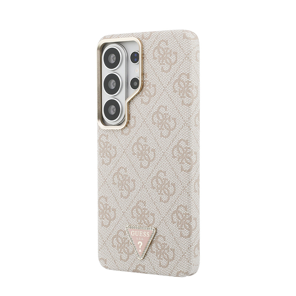 Galaxy S26 Ultra Kılıf Guess Orjinal Lisanslı M-safe Şarj Özellikli Gold Metal Kamera Çerçeveli Taşlı Üçgen Logo 4G Desenli Kapak