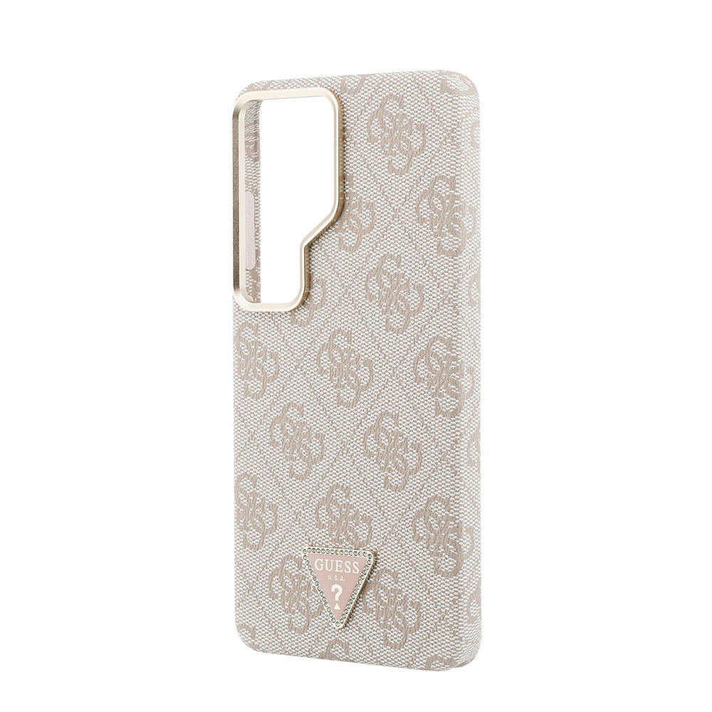 Galaxy S26 Ultra Kılıf Guess Orjinal Lisanslı M-safe Şarj Özellikli Gold Metal Kamera Çerçeveli Taşlı Üçgen Logo 4G Desenli Kapak