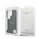 Galaxy S26 Ultra Kılıf Guess Orjinal Lisanslı M-safe Şarj Özellikli Metal Kamera Çerçeveli PU Deri 4G Desenli Yazı Logolu Kapak