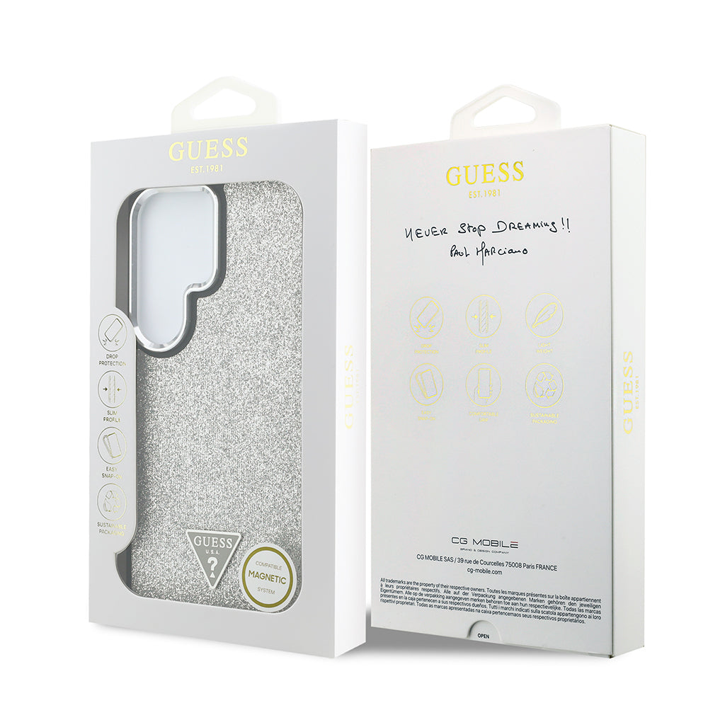 Galaxy S26 Ultra Kılıf Guess Orjinal Lisanslı M-safe Şarj Özellikli Metal Kamera Çerçeveli Üçgen Logolu Glitter Kapak