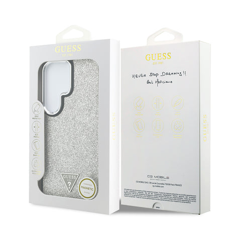 Galaxy S26 Ultra Kılıf Guess Orjinal Lisanslı M-safe Şarj Özellikli Metal Kamera Çerçeveli Üçgen Logolu Glitter Kapak