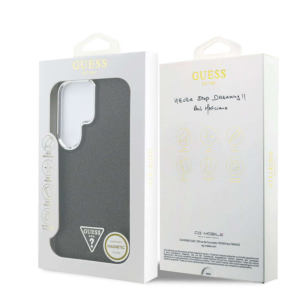 Galaxy S26 Ultra Kılıf Guess Orjinal Lisanslı M-safe Şarj Özellikli Metal Kamera Çerçeveli Üçgen Logolu Glitter Kapak