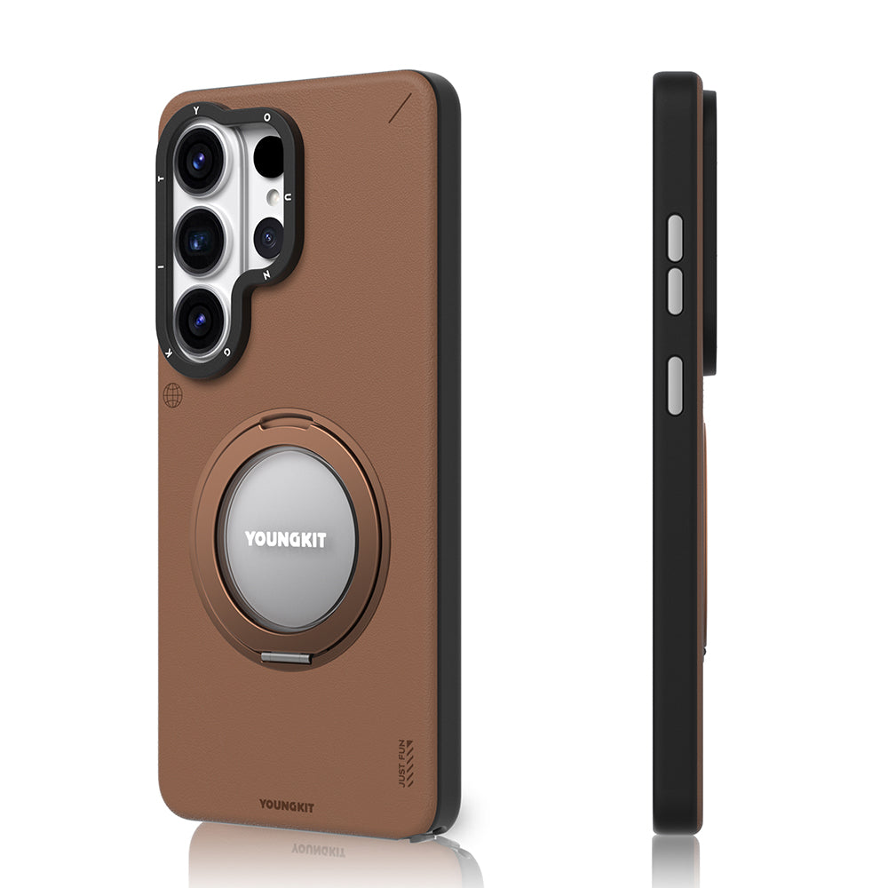 Galaxy S26 Ultra Kılıf M-safe Şarj Özellikli 360° Standlı Basit Mat Deri Desenli Youngkit Tech Leather Serisi Kapak
