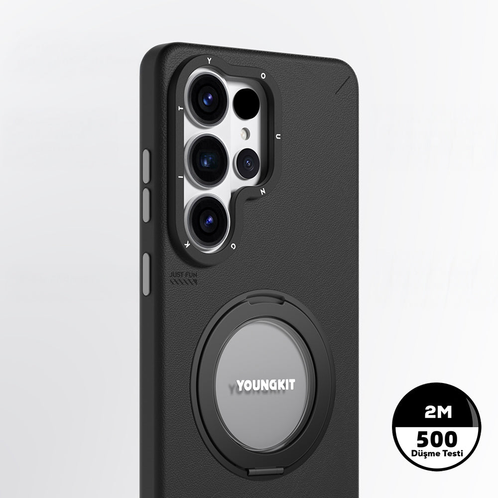 Galaxy S26 Ultra Kılıf M-safe Şarj Özellikli 360° Standlı Basit Mat Deri Desenli Youngkit Tech Leather Serisi Kapak