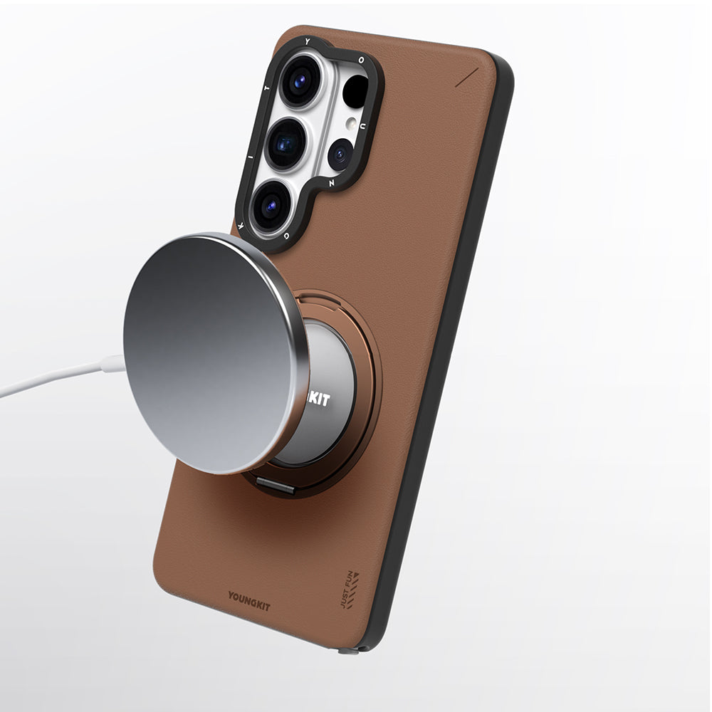 Galaxy S26 Ultra Kılıf M-safe Şarj Özellikli 360° Standlı Basit Mat Deri Desenli Youngkit Tech Leather Serisi Kapak
