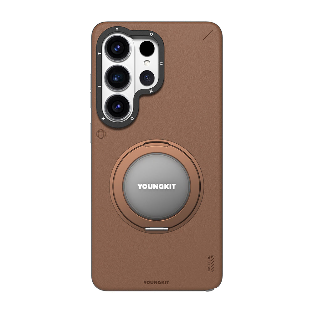 Galaxy S26 Ultra Kılıf M-safe Şarj Özellikli 360° Standlı Basit Mat Deri Desenli Youngkit Tech Leather Serisi Kapak
