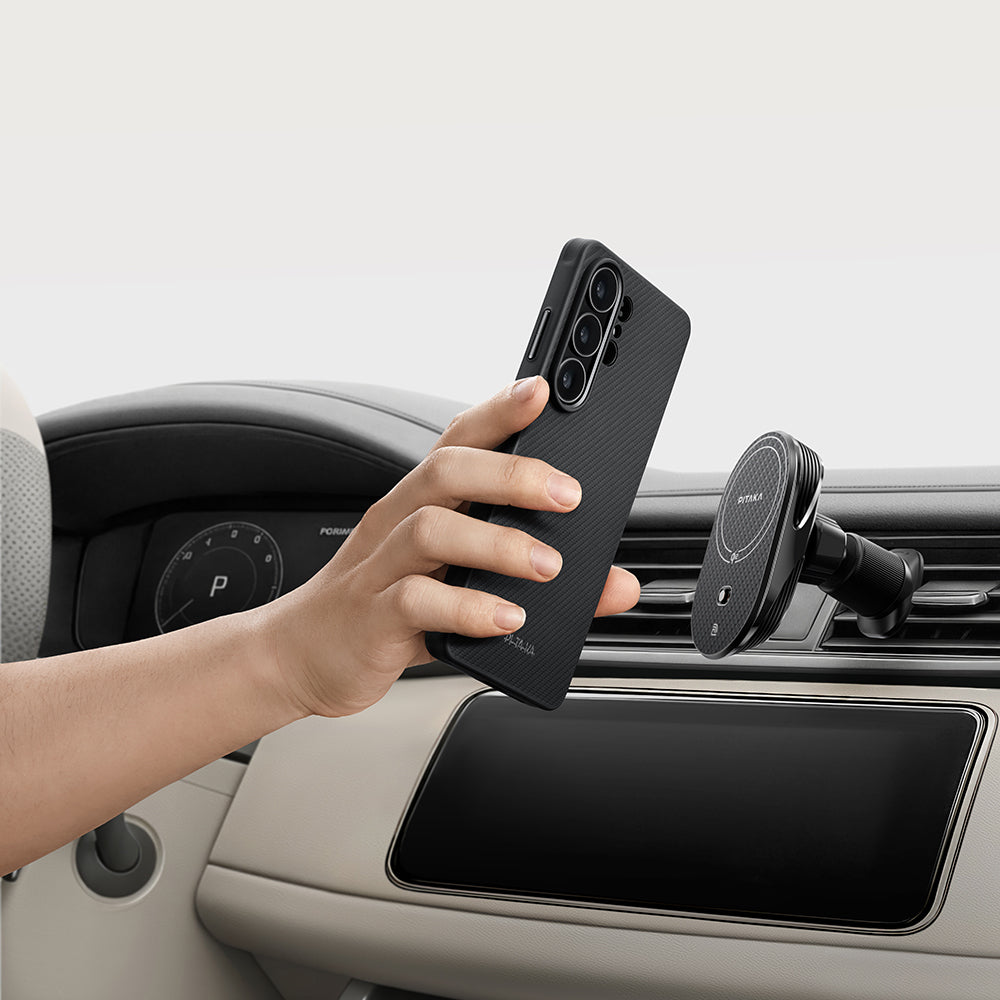 Galaxy S26 Ultra Kılıf M-safe Şarj Özellikli 600D Aramid Karbon Fiber Pitaka Cairn Serisi Black-Grey Twill Kapak