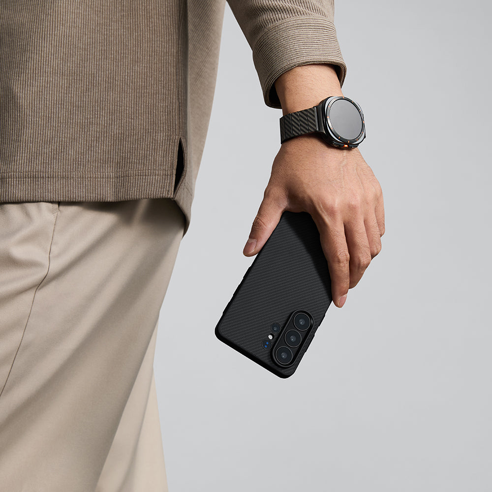 Galaxy S26 Ultra Kılıf M-safe Şarj Özellikli 600D Aramid Karbon Fiber Pitaka Cairn Serisi Black-Grey Twill Kapak