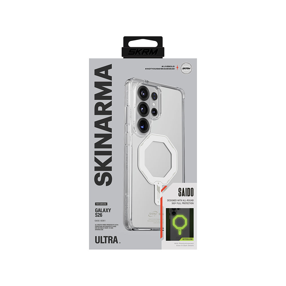 Galaxy S26 Ultra Kılıf M-safe Şarj Özellikli Şeffaf Airbag Tasarımlı Skinarma Saido Mag-Charge Nightglow Kapak