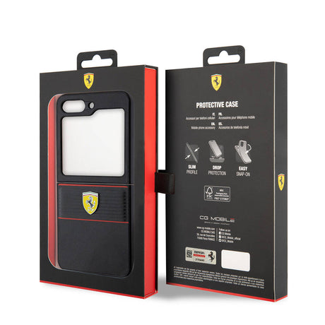 Galaxy Z Flip 5 Kılıf Ferrari Orjinal Lisanslı PU Deri Metal Logolu Multi Çizgili Kapak