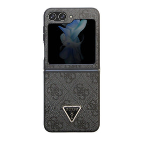 Galaxy Z Flip 5 Kılıf Guess Orjinal Lisanslı PU Deri Taşlı Üçgen Logo 4G Desenli Strass Kapak