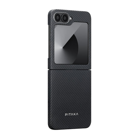 Galaxy Z Flip 6 Kılıf M-safe Şarj Özellikli 600D Aramid Fiber Pitaka Ultra-Slim Classic Serisi Black-Grey Twill Kapak