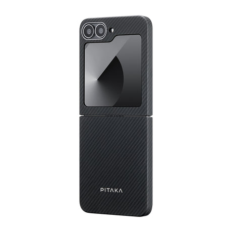Galaxy Z Flip 6 Kılıf M-safe Şarj Özellikli 600D Aramid Fiber Pitaka Ultra-Slim Classic Serisi Black-Grey Twill Kapak