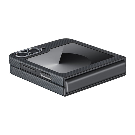 Galaxy Z Flip 6 Kılıf M-safe Şarj Özellikli 600D Aramid Fiber Pitaka Ultra-Slim Classic Serisi Black-Grey Twill Kapak