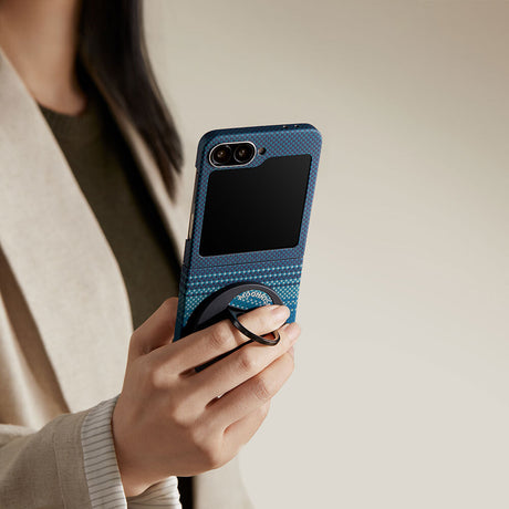 Galaxy Z Flip 6 Kılıf M-safe Şarj Özellikli Aramid Fiber Pitaka Tactile Woven Sunset-Moonrise Serisi Moonrise Kapak