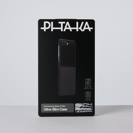 Galaxy Z Flip 7 Kılıf M-safe Şarj Özellikli 600D Aramid Fiber Pitaka Ultra-Slim Classic Serisi Black-Grey Twill Kapak
