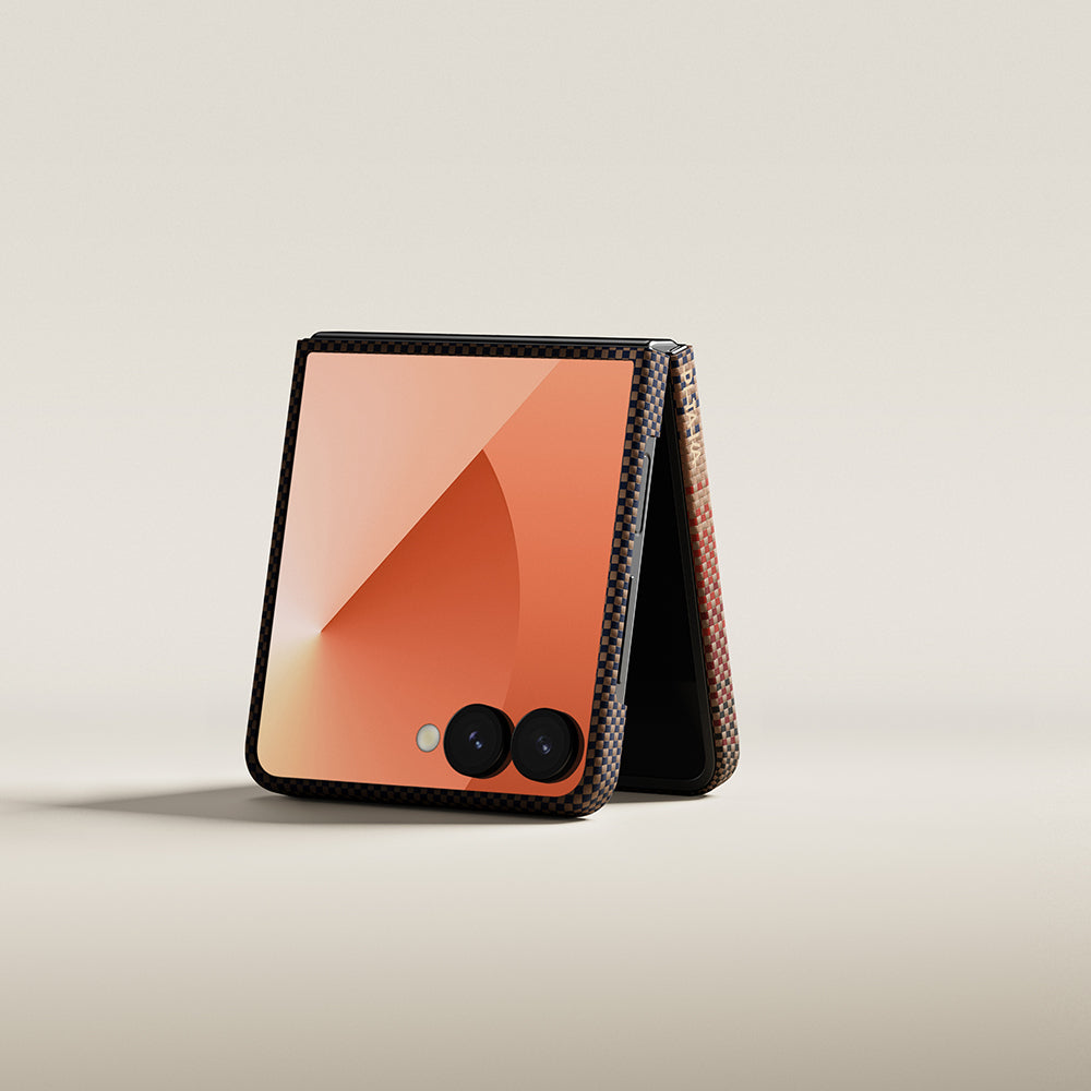 Galaxy Z Flip 7 Kılıf M-safe Şarj Özellikli Aramid Fiber Pitaka Tactile Woven Sunset-Moonrise Serisi Kapak
