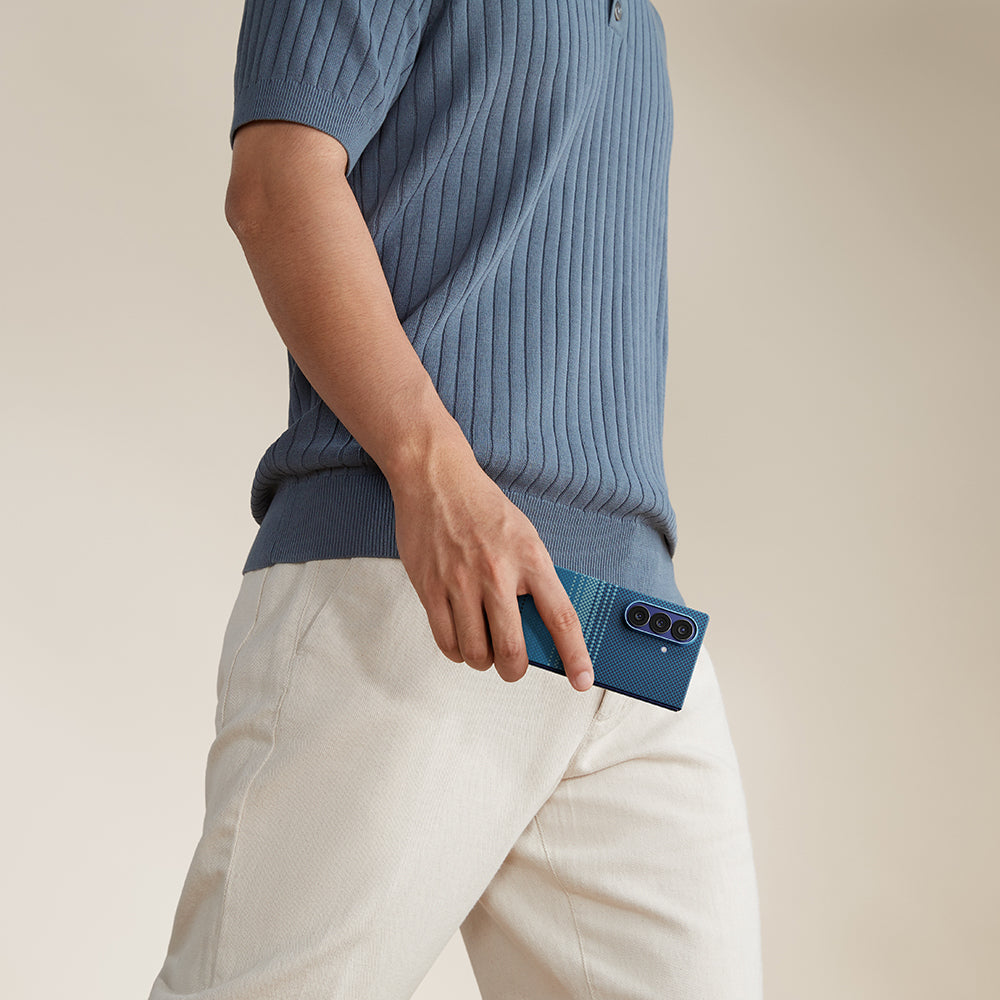 Galaxy Z Fold 7 Kılıf M-safe Şarj Özellikli Aramid Fiber Pitaka Tactile Woven Sunset-Moonrise Serisi Kapak