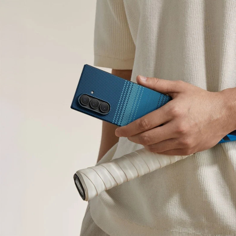 Galaxy Z Fold 7 Kılıf M-safe Şarj Özellikli Aramid Fiber Pitaka Tactile Woven Sunset-Moonrise Serisi Kapak