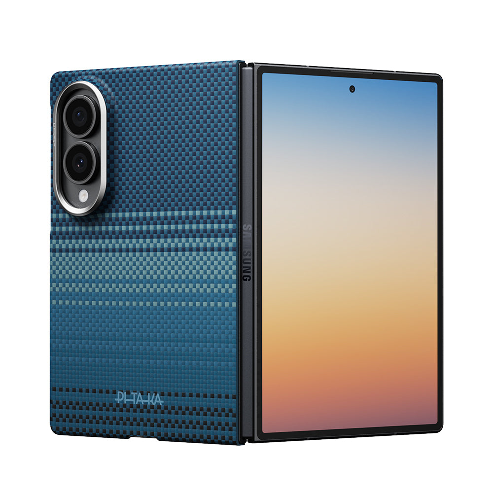 Galaxy Z Fold 8 Kılıf M-safe Şarj Özellikli Aramid Karbon Fiber Pitaka Tactile Woven Sunset-Moonrise Serisi Kapak