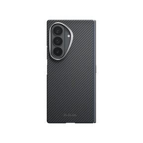 Galaxy Z Fold 8 Ultra Kılıf M-safe Şarj Özellikli 600D Aramid Karbon Fiber Menteşe Butonlu Pitaka Edge Serisi Black-Grey Twill Kapak