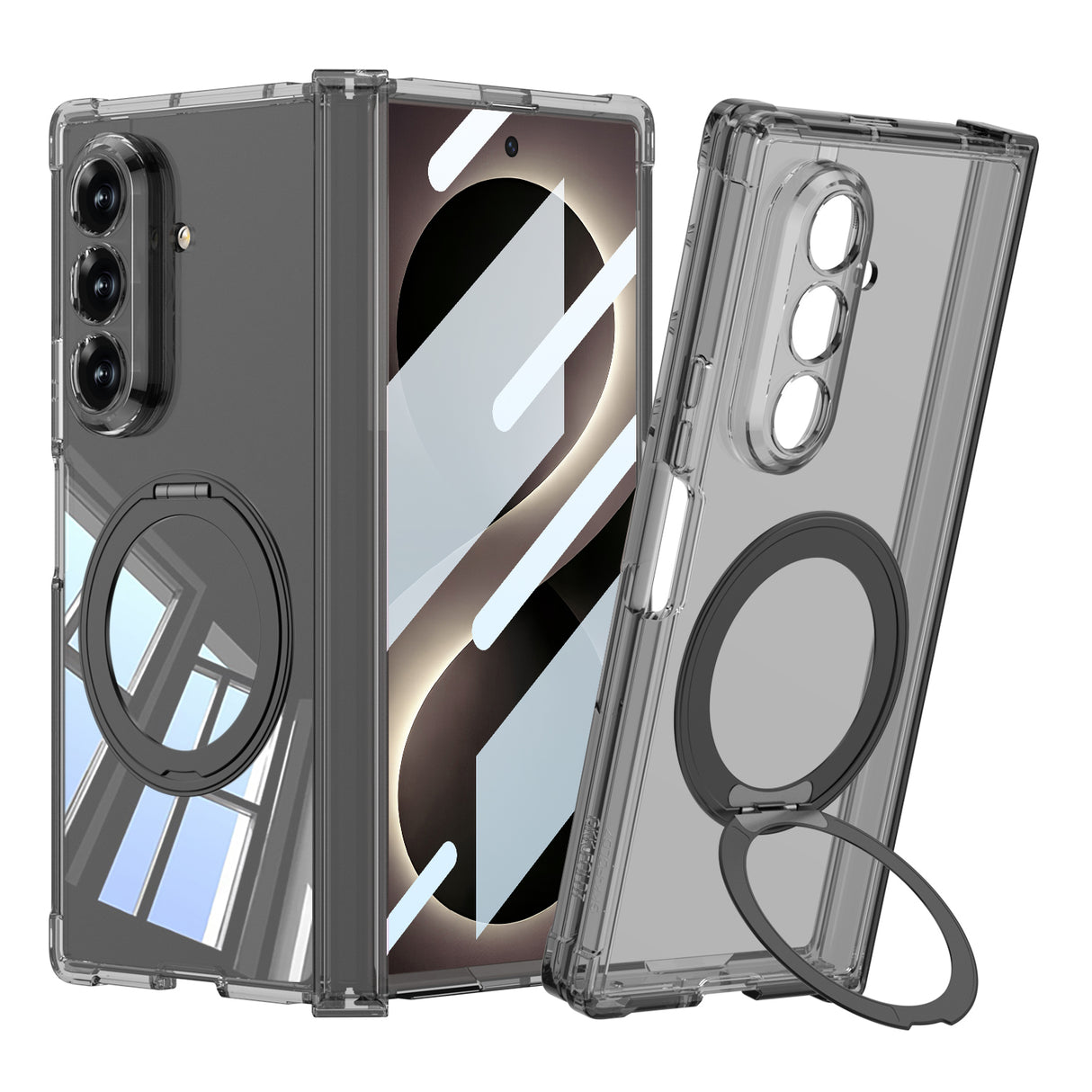 Galaxy Z Fold 8 Ultra Kılıf M-safe Şarj Özellikli Zore Kıpta KPT-09 Ring Standlı Şeffaf Sert PC Kapak