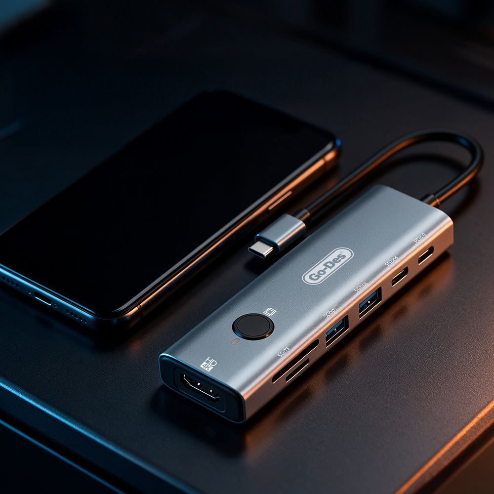 Go Des GD-6910 Type-C Bağlantılı 7in1 Hub Adaptör USB 5gbps/Hdmi/PD 3.0/3.5mm/4K Ultra HD
