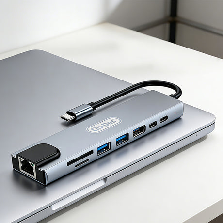 Go Des GD-9218 Type-C Bağlantılı 8in1 USB3.0 + PD + Hdmi 4K Ultra HD + RJ45 + SD/TF Bağlantılı Hub Adaptör