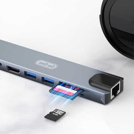 Go Des GD-9218 Type-C Bağlantılı 8in1 USB3.0 + PD + Hdmi 4K Ultra HD + RJ45 + SD/TF Bağlantılı Hub Adaptör