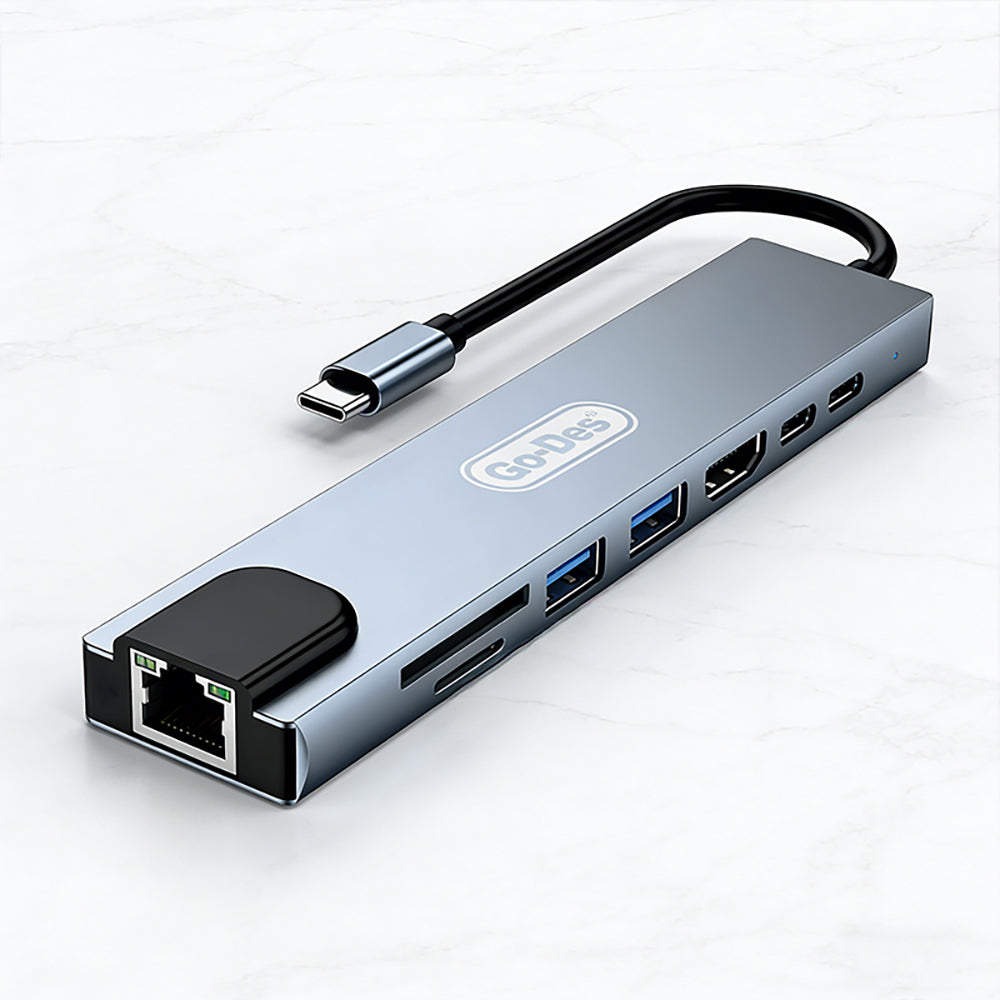 Go Des GD-9218 Type-C Bağlantılı 8in1 USB3.0 + PD + Hdmi 4K Ultra HD + RJ45 + SD/TF Bağlantılı Hub Adaptör