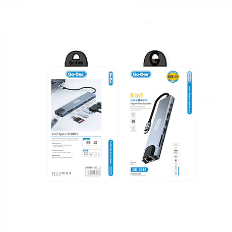 Go Des GD-9218 Type-C Bağlantılı 8in1 USB3.0 + PD + Hdmi 4K Ultra HD + RJ45 + SD/TF Bağlantılı Hub Adaptör