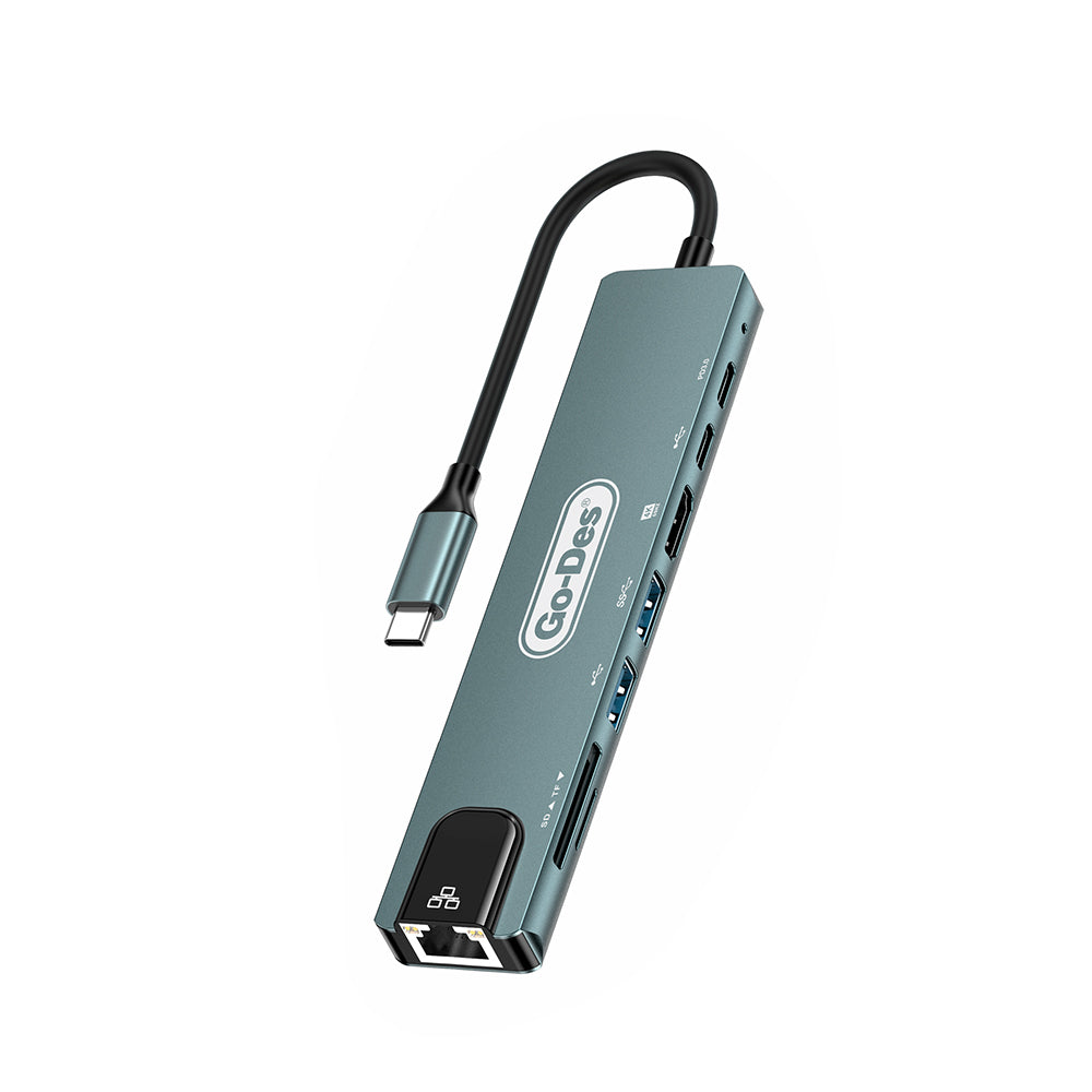 Go Des GD-9230 Type-C Bağlantılı 8in1 USB3.0 + PD + Hdmi 4K Ultra HD + RJ45 + SD/TF Bağlantılı Hub Adaptör
