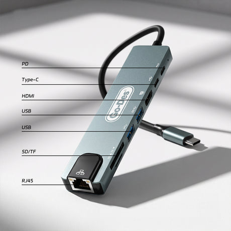 Go Des GD-9230 Type-C Bağlantılı 8in1 USB3.0 + PD + Hdmi 4K Ultra HD + RJ45 + SD/TF Bağlantılı Hub Adaptör