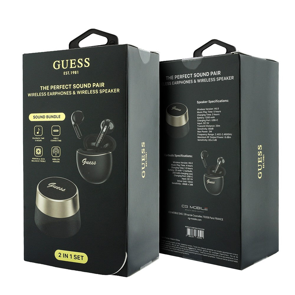Guess Orjinal Lisanslı Metal Yazı Logolu Kulak içi TWS Kulaklık ve Speaker Hoparlör 2in1 Set