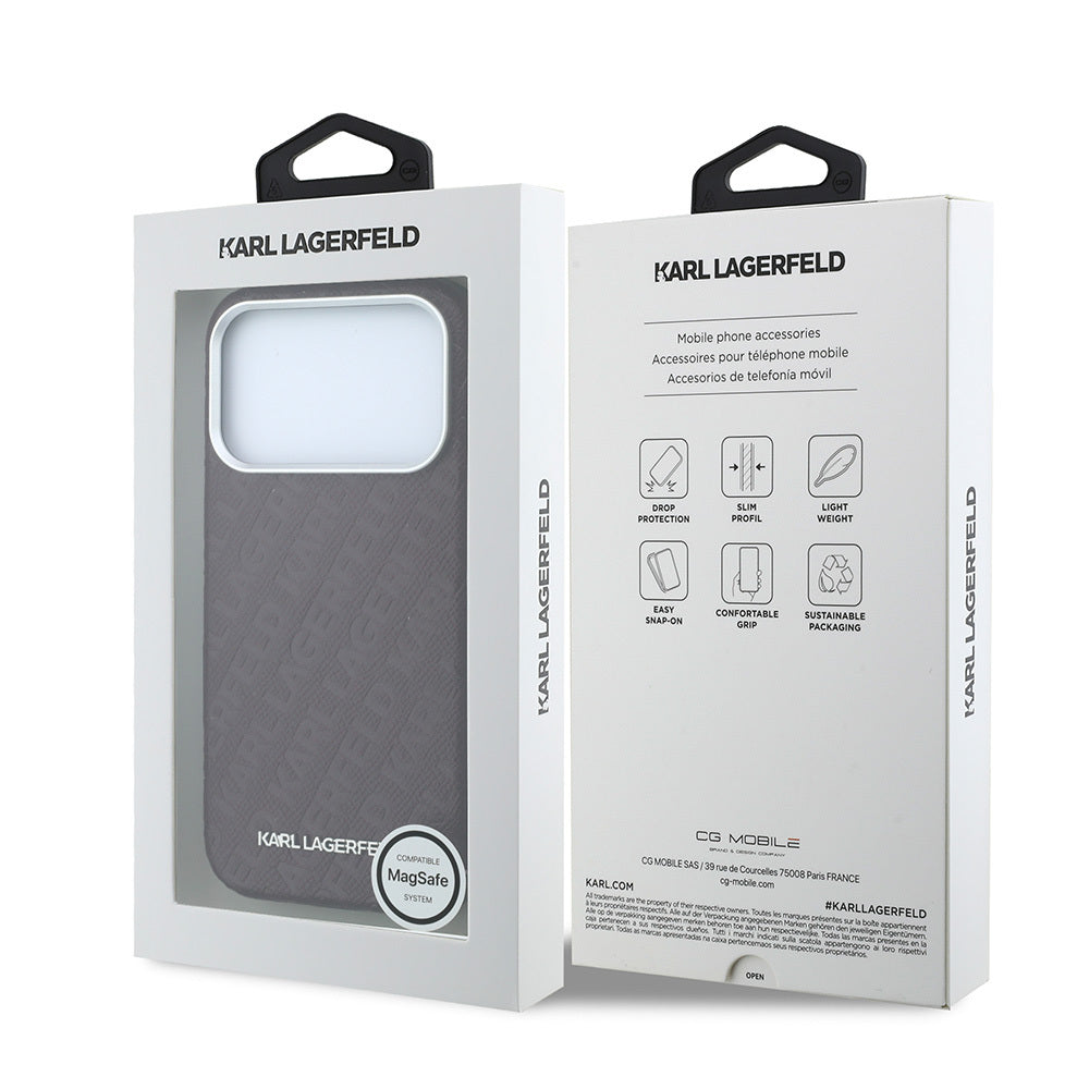 Apple iPhone 18 Pro Kılıf Karl Lagerfeld Orjinal Lisanslı PU Deri Damgalı Metal Yazı Logolu Grained Kapak