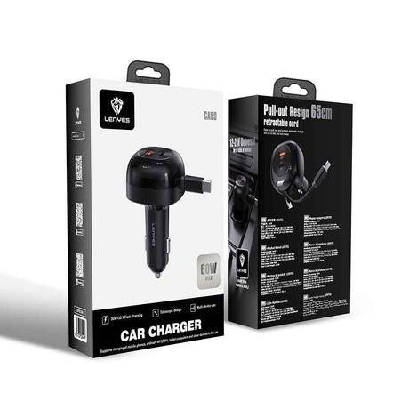 Lenyes CA59 Type-C Kablolu Hızlı Şarj Özellikli Type-C + USB-A Portlu Araç Şarj Aleti PD 60W