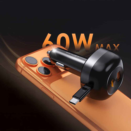 Lenyes CA59 Type-C Kablolu Hızlı Şarj Özellikli Type-C + USB-A Portlu Araç Şarj Aleti PD 60W