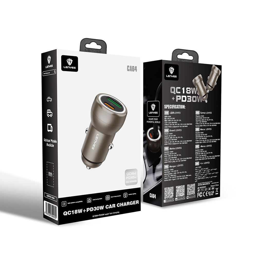 Lenyes CA64 Hızlı Şarj Özellikli Dual USB-A + Type-C Portlu PD Araç Şarj Aleti 30W