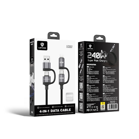 Lenyes LC557 4in1 USB-A - Type-C + Type-C to Lightning E-Mark Smart Çipli Data ve Şarj Kablosu 240W 1M