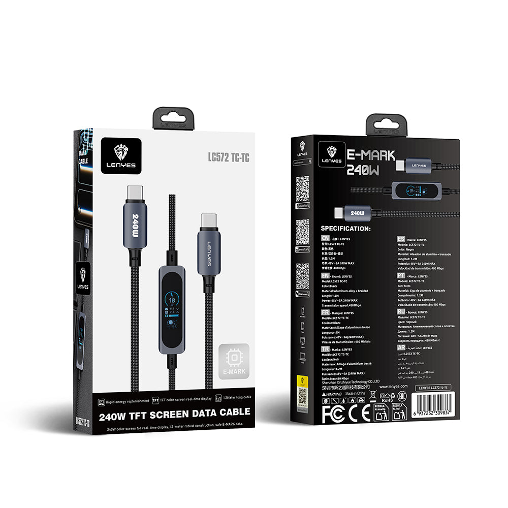 Lenyes LC572 TFT Ekranlı Type-C to Type-C Data ve Şarj Kablosu 240W 1.2M