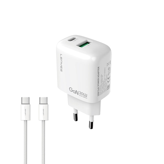 Lenyes LCH93-TC-TC Type-C to Type-C GaN Teknolojili PD ve USB Hızlı Şarj Özellikli Şarj Seti 30W