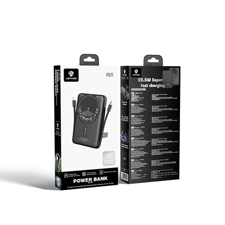 Lenyes P571 PD 22.5W Standlı M-safe Şarj Özellikli Type-C ve Lightning Kablolu Powerbank 15W 10000mAh