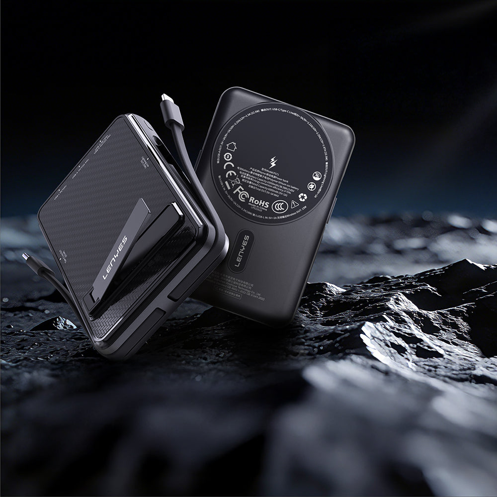 Lenyes P571 PD 22.5W Standlı M-safe Şarj Özellikli Type-C ve Lightning Kablolu Powerbank 15W 10000mAh
